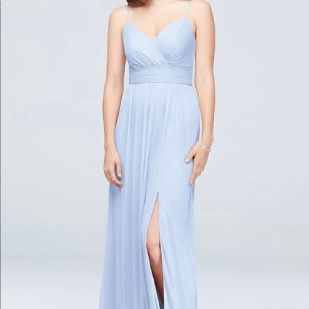 DB Studios Celebrate Dusty Blue mesh v-neck ruched waist spaghetti strap size 6